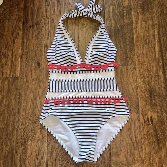 COCOSHIP Swim Cocoship Blue White Striped One Piece Halter